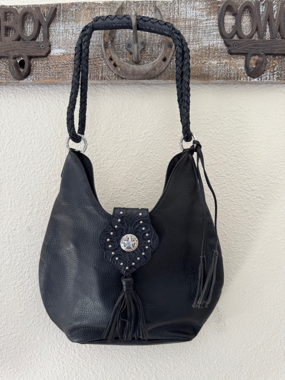 Black Studded Tassel Hobo Bag